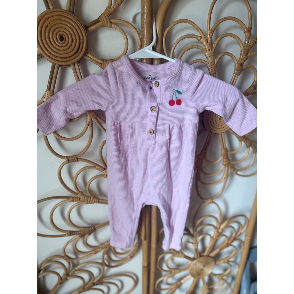Cat & Jack Baby Girls Lavender Purple Waffle Knit Cherry Romper 3-6M Henley Wood